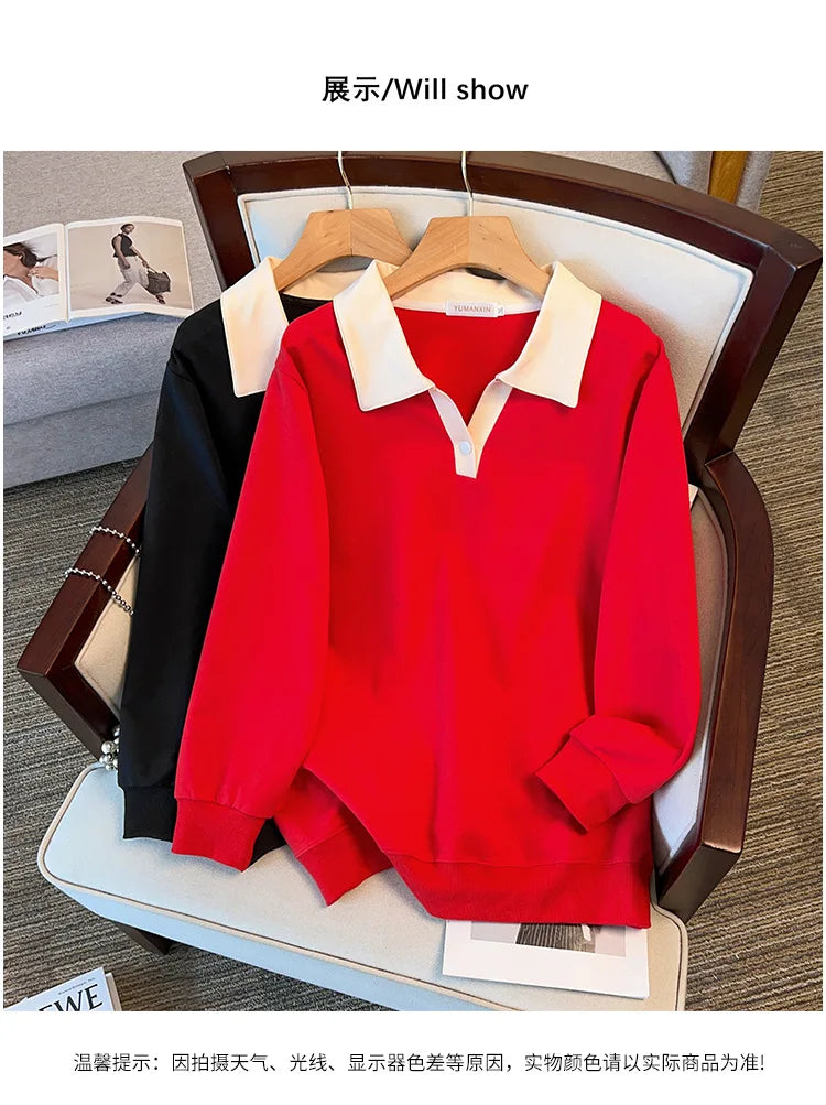 170kg plus size Damen büste Herbst lose Revers Langarm Sweatshirt schwarz rot 6xl 7xl 8xl 9xl 10xl 11xl