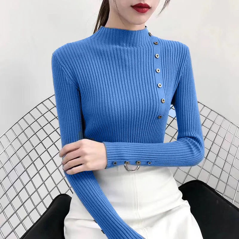 2023 frauen Herbst Gestrickte Dünne Pullover Solide Strickte Weibliche Baumwolle Weiche Elastische Farbe Pullover Taste Volle Hülse Rollkragen