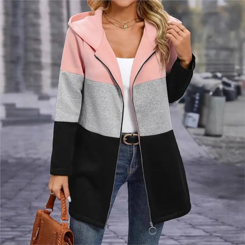 Frauen Casual Jacke Kosten Frühling Mode Lose Kontrast Farbe Drei Farbe Spleißen Kapuze Jacke Zipper Tops Frauen Kleidung