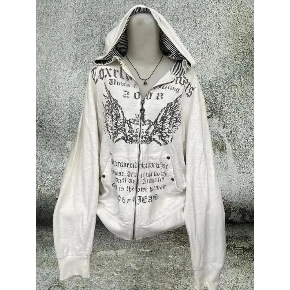Korean Fashion Sweatshirts Harajuku Gothic Printed Coats Jackets Subculture Vintage Faux Fur Hooded Women Casual Y2k Clothing.
