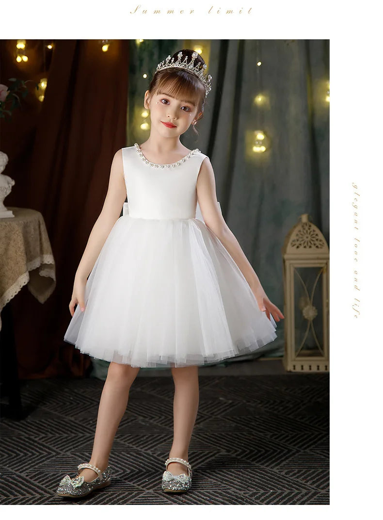 Weiße Blumenmädchenkleider für die Hochzeit, elegantes Kinder-Taufkleid und Kopfbedeckung, kurzärmelig, für Kinder, Kommunion, Geburtstagsfeier