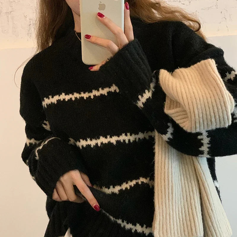Herbst Winter Gestreiften Pullover Pullover Frauen Gestrickte Shirts Lange Hülse Lose Mock Neck Outwear Casual Pullover Tops Strickwaren