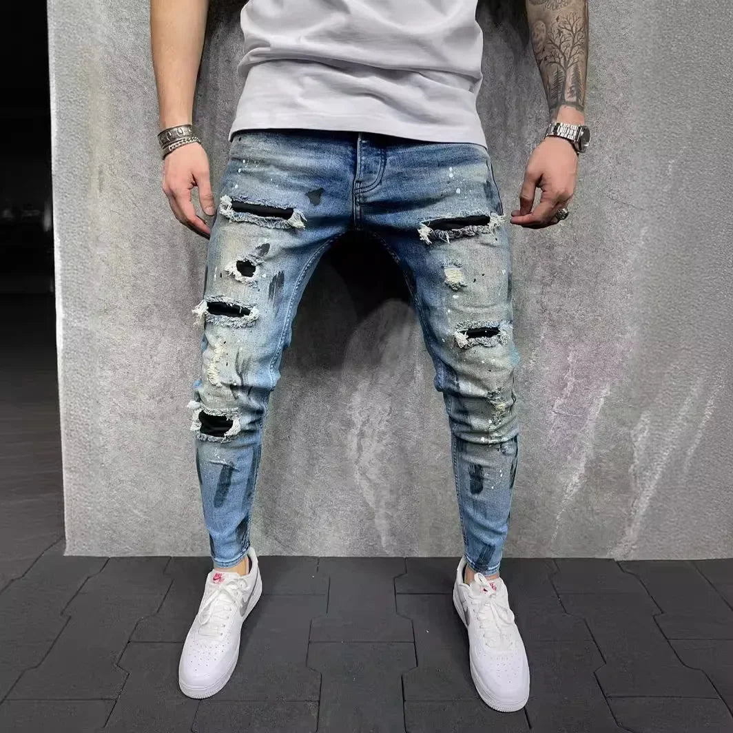 Slim-Fit-Jeans mit zerrissener Knöchelhose für Herren, bemalte Jeans