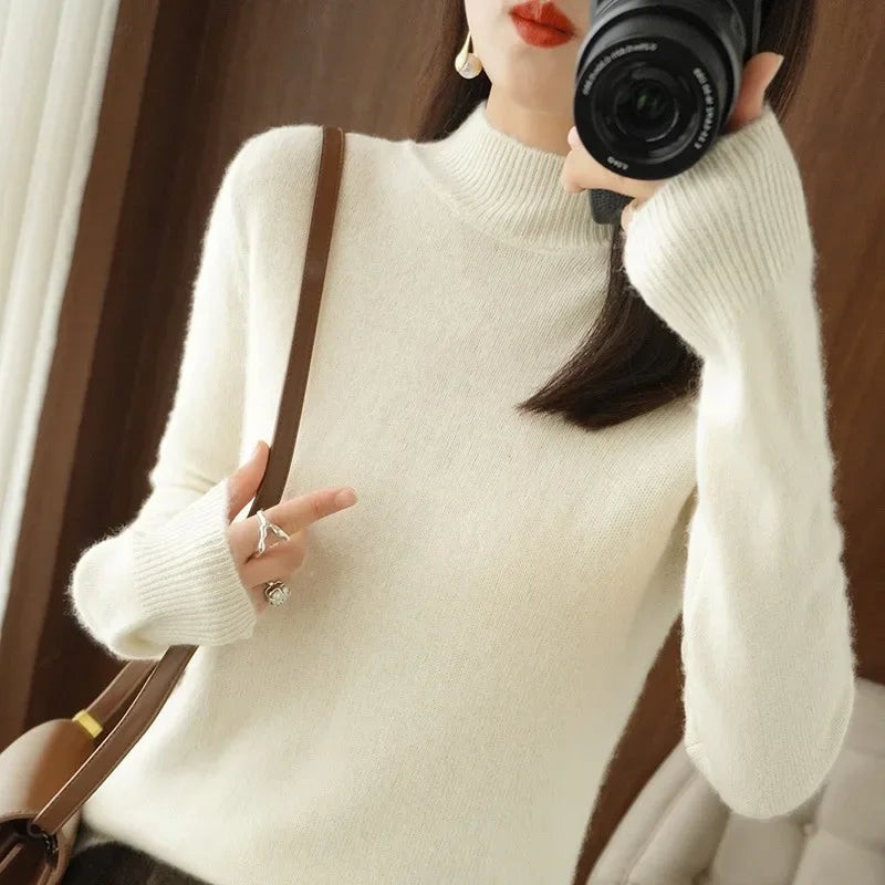 Herbst Winter Frauen Pullover Koreanische Mode Warme Bodenbildung Shirts Halb Hohe Kragen Grundlegende Strickwaren Solide Langarm Pullover