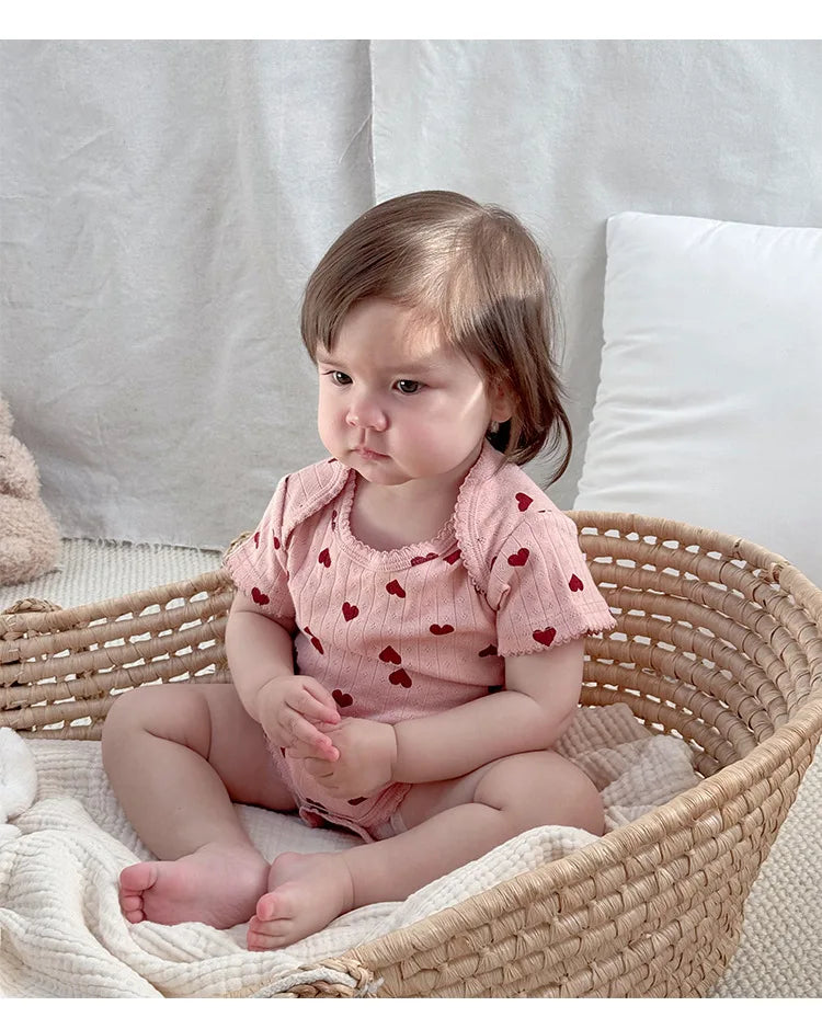 0-24M Baumwolle Baby Mädchen Strampler Herz Druck Nette Prinzessin Body Sommer Neugeborenen Kind Baby Kleidung Kurzarm outfit
