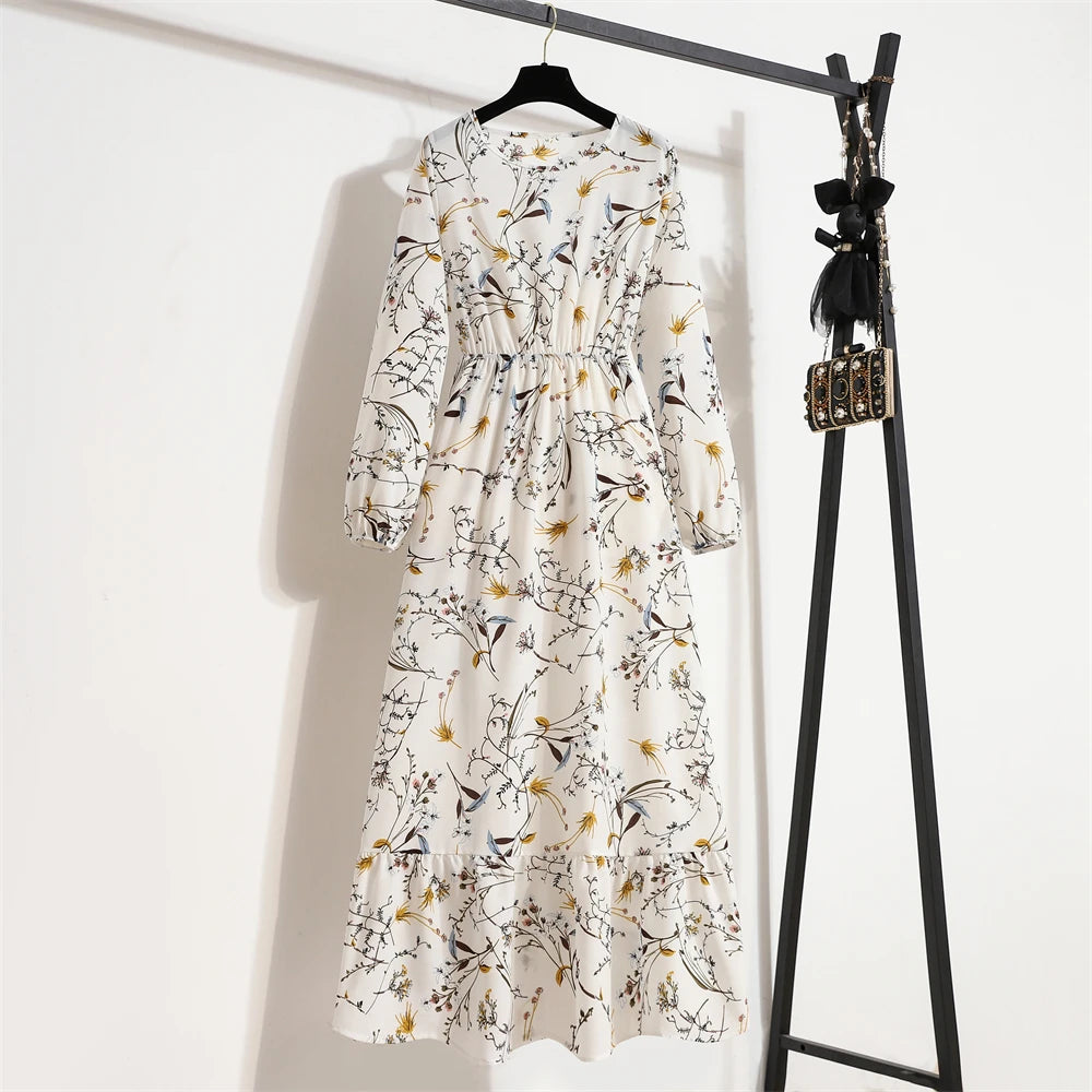 Frühling Sommer Frauen Maxi Kleider Casual Volle Hülse Floral Gedruckt Oansatz Frau Bohe Strand Party Lange Kleid Mujer Vestidos