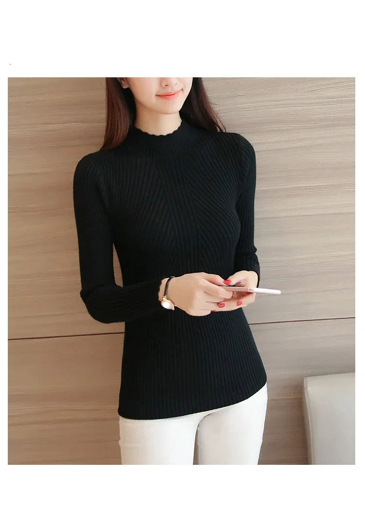 Frauen Mock Neck Rüschen Pullover Langarm Gestrickte Bodenbildung Solide Pullover Frauen Casual Streifen Pullover Herbst Winter 2023