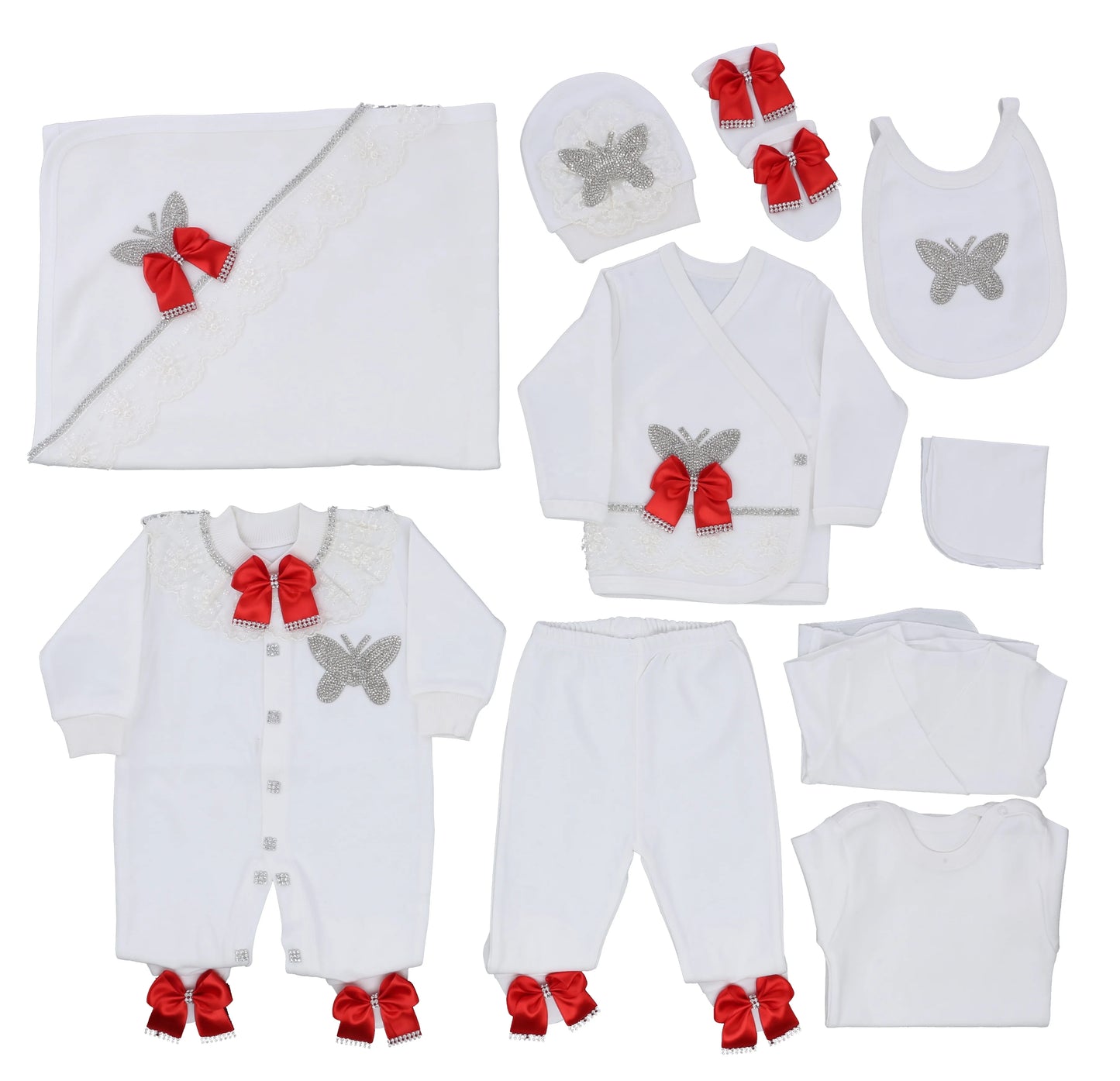 10-teiliges blaues 100 % Baumwollgewebe, gestrickt, Großhandel, individuell gestaltet, Neugeborene, neues Design, Winterkleidung, Kleidung, Luxus-Baby-Strampler-Set