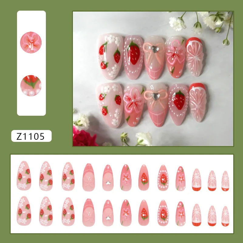 24pcs Flower Print Press on Nails Wine Red Blush Almond False Nail Tips Wearable Reusable Summer Spicy Girl Fake Nails