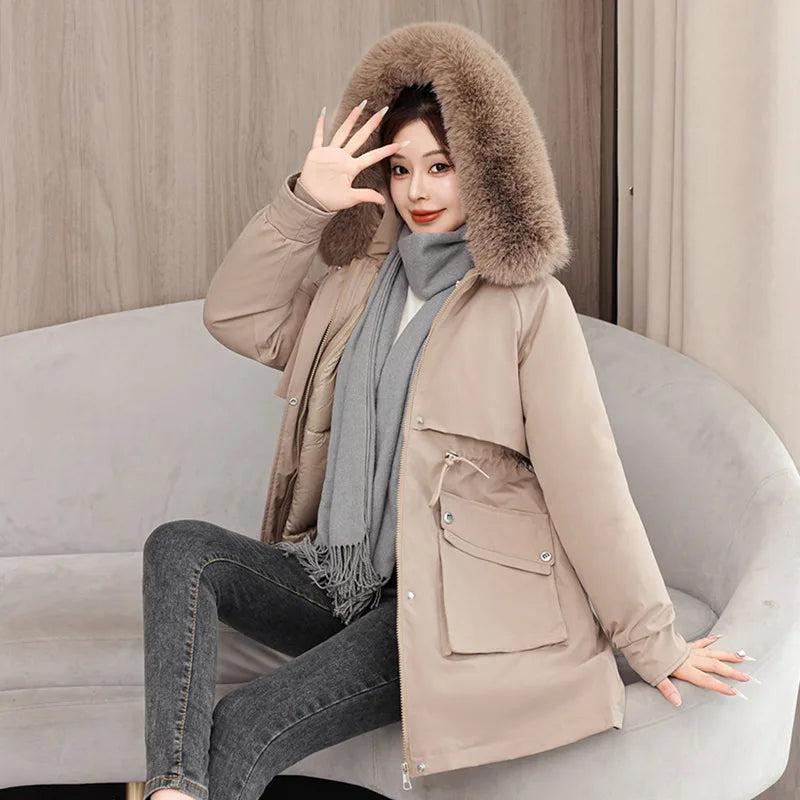 Winter dame Winter Stepp Mantel Abnehmbare Futter Pelz Kragen Gürtel Parka Jacke Für Frauen Verdickt Thermische frauen Mantel