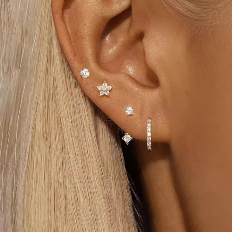 4PCS Fashion Zircon Round Hoop Earring Set Women Temperament Flower Ear Stud Huggie Earring Tragus Piercing Cartilage Jewelry