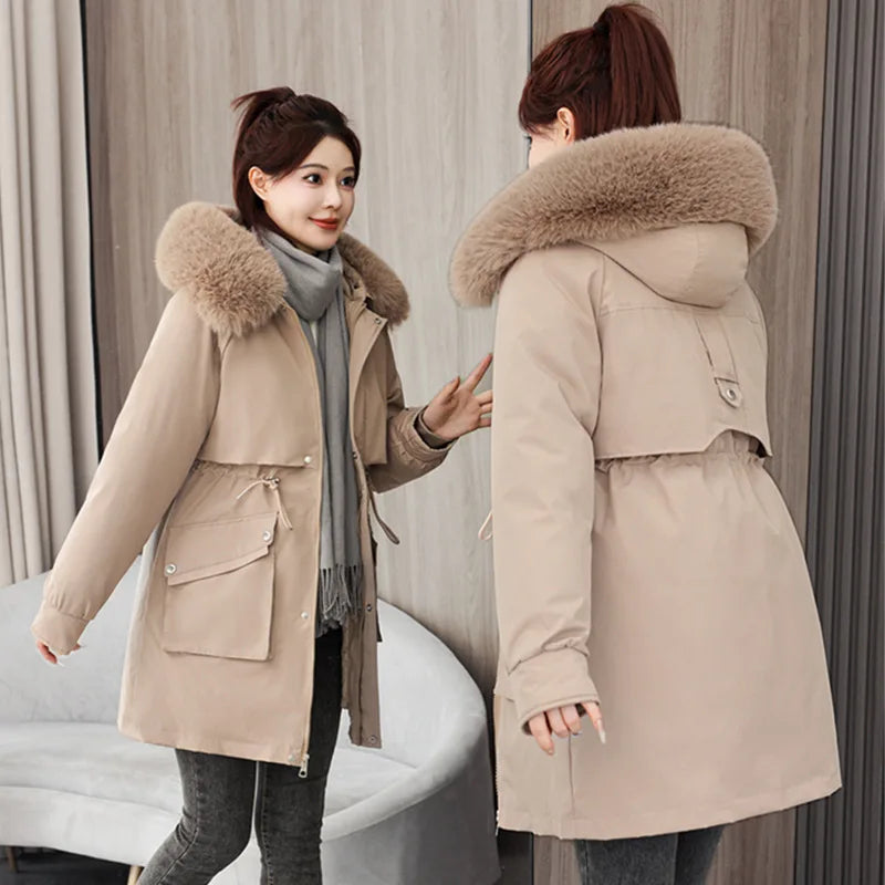 Winter dame Winter Stepp Mantel Abnehmbare Futter Pelz Kragen Gürtel Parka Jacke Für Frauen Verdickt Thermische frauen Mantel