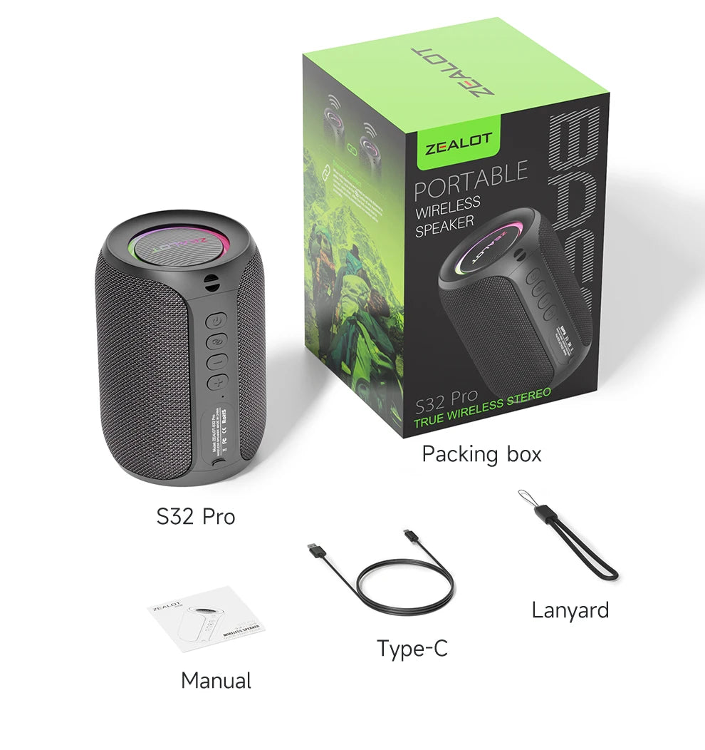 Zealot-S32PRO Powerful Bluetooth Speaker, Bass Wireless, LED Light, Outdoor Speakers, Subwoofer, Waterproof Sound Box Support.