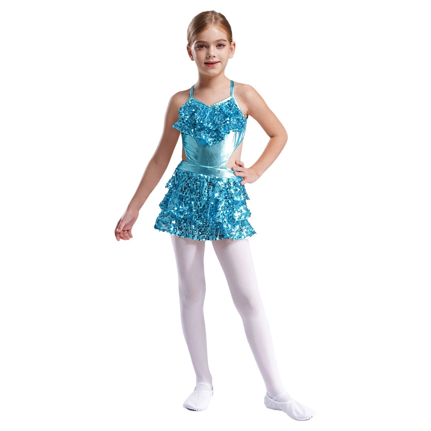 Kinder Mädchen Pailletten Jazz Ballett Tanzkleid Ärmellos Ausschnitt Tiered Rüschen Trikot Salsa Samba Rumba Skating Performance Kostüm