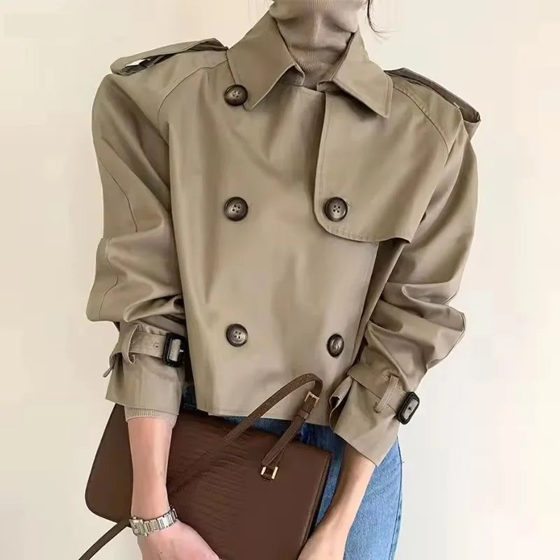 Vintage Zweireiher Graben Jacken Frauen Lose Chic Büro Dame Crop Tops Herbst Weibliche Mäntel Alle-spiel Lose Windjacke