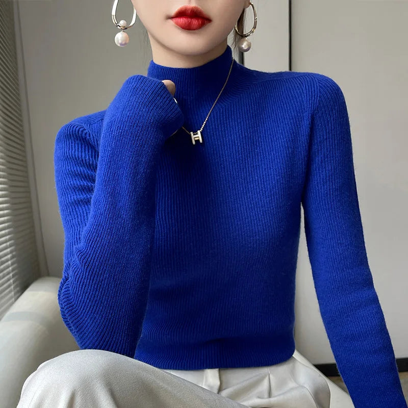 Herbst Winter Frauen Pullover Slim Fit Hohe Strecth Pullover Langarm Inneren Tragen Mock Neck Gestrickte Tops Koreanische Mode Jumper