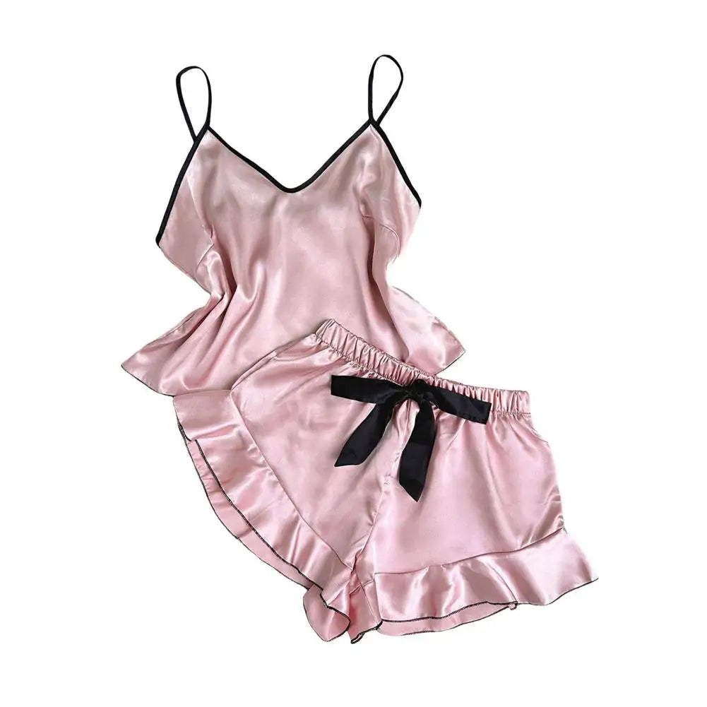 Damen-Pyjama-Set mit Trägern, elegantes Satin-Damen-Pyjama-Set mit Spaghettiträger-Oberteil, rückenfrei, V-Ausschnitt, Rüschen, plissiert für Komfort