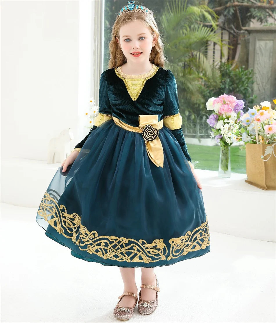 Girls Merida Cosplay Princess Dress Children Stage Performance Clothes Kids Halloween Carnival Party Long Sleeves Outfits