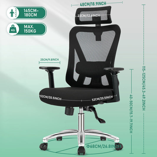Durrafy Ergonomischer Bürostuhl, Schreibtischstuhl mit Kopfstütze, Armlehnen, Drehstühle mit 90er ° -130 ° Liegefunktion (abschließbar)