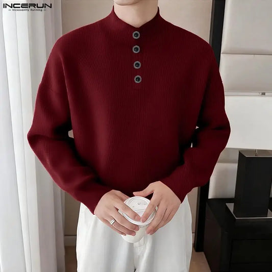 INCERUN Men Pullovers Solid Color Knitted Turtleneck Long Sleeve Male Sweaters Streetwear Knitted Fashion Casual Men Clothing.