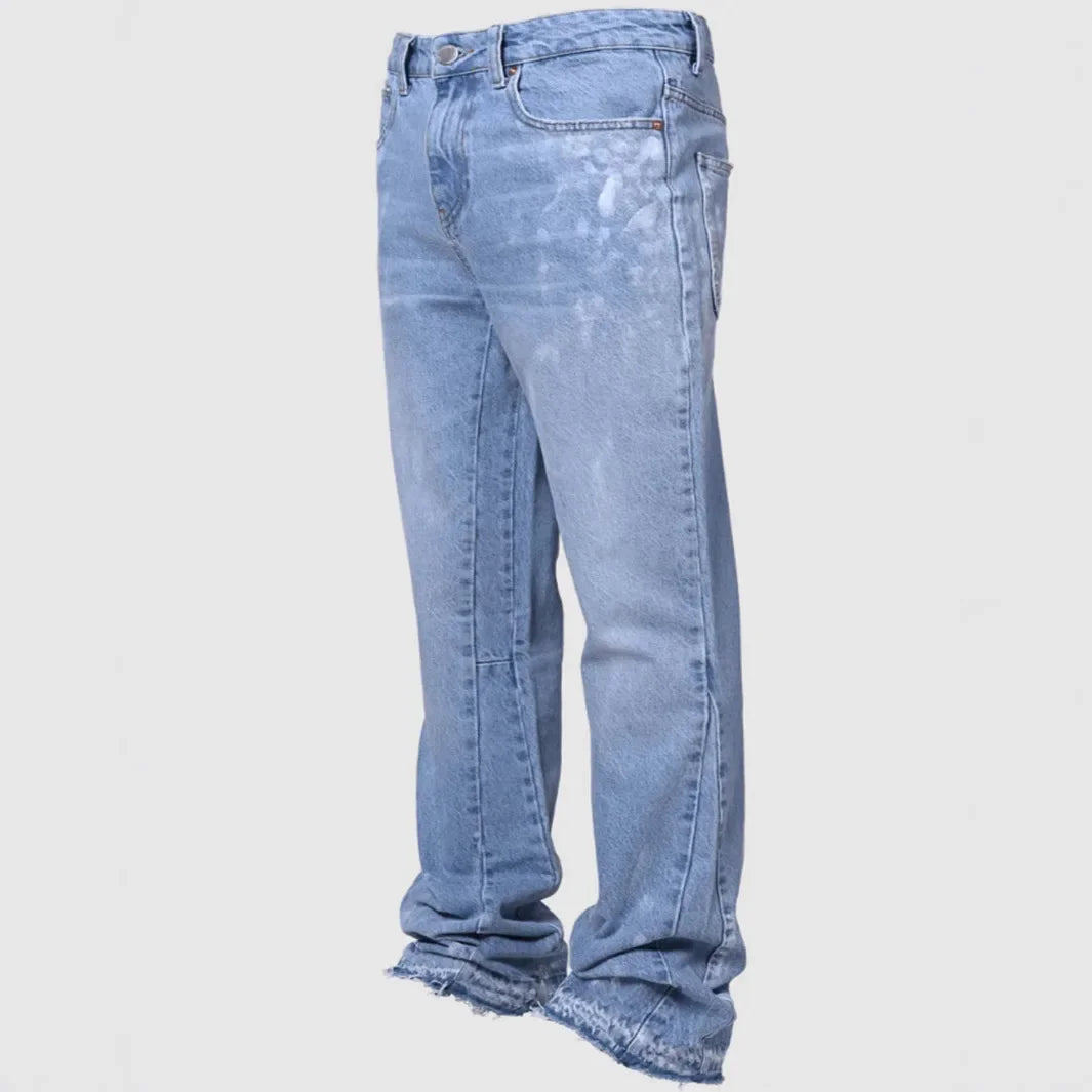 Men's Fashion Jeans Work Pants, European and American Fashion Workwear Elastic Patchwork Denim Layered Flared Pants S-XXL.