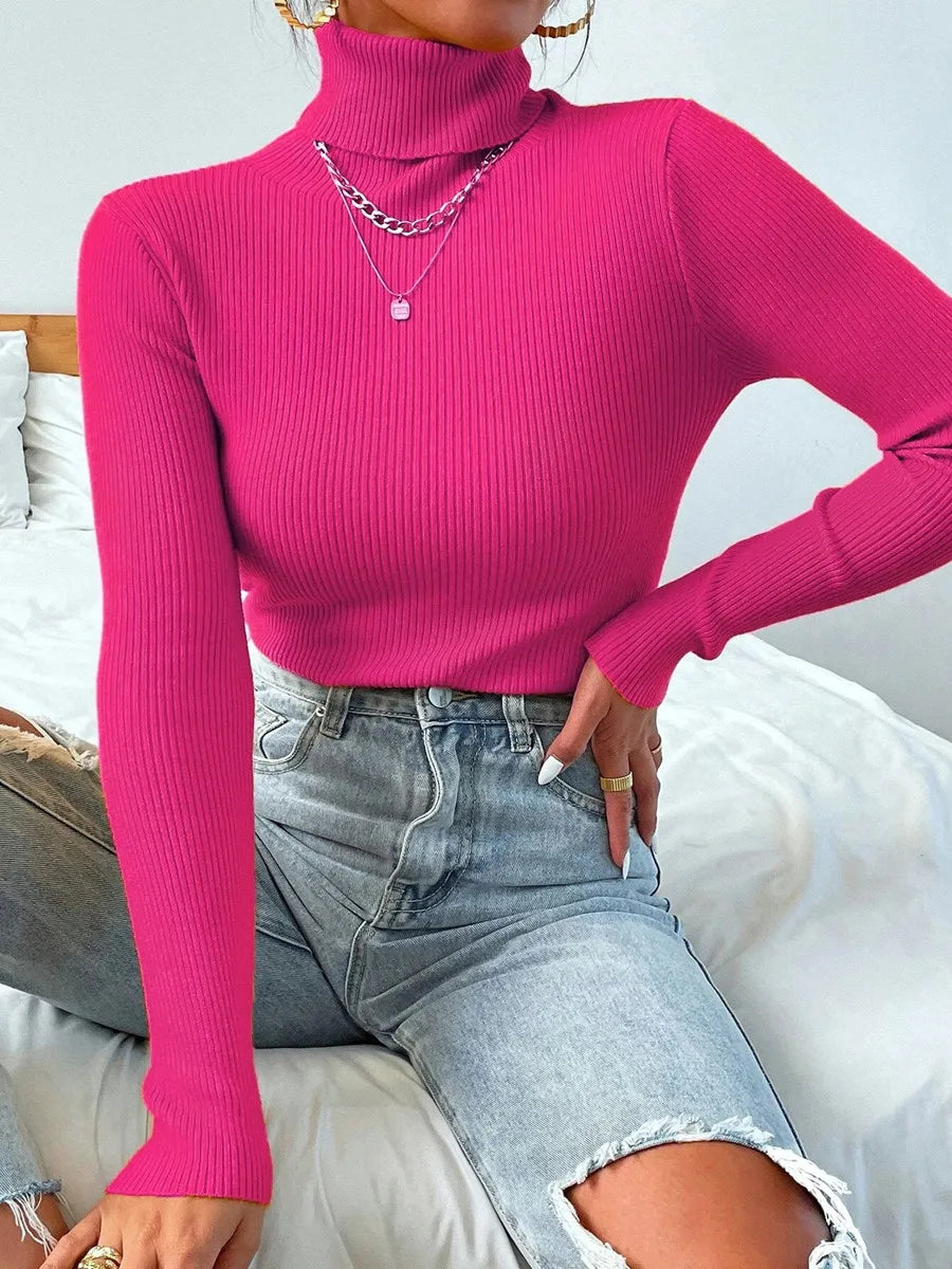 2023 herbst Winter Frauen Langarm Gestrickte Foldover Rollkragen Rippen Pull Pullover Weiche Warme Femme Jumper Pullover Kleidung