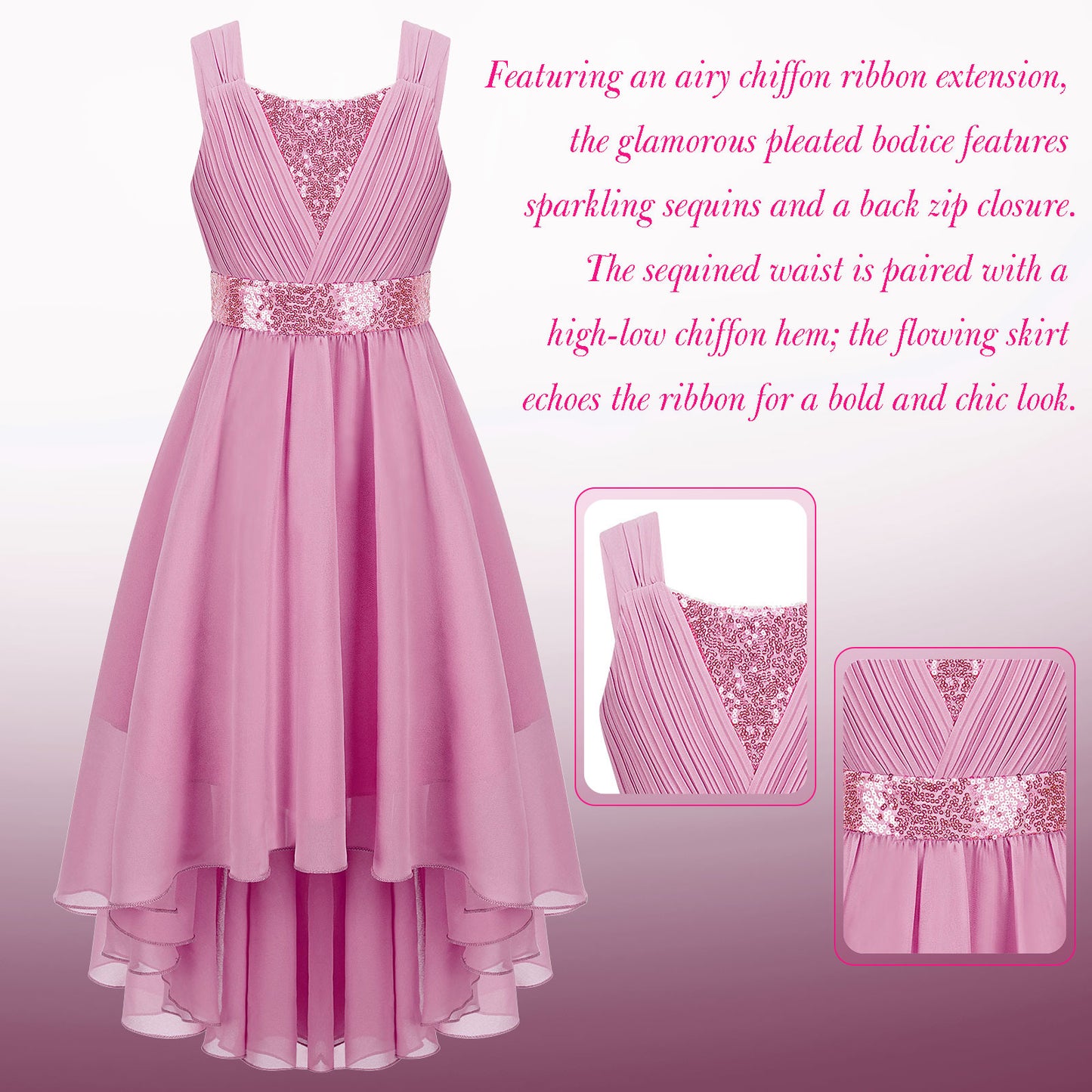 Kinder Blumenmädchenkleid Ärmellos Pailletten Hi-Low-Saum Abendkleid Elegantes Chiffon Prinzessin Geburtstag Formales Hochzeitskleid