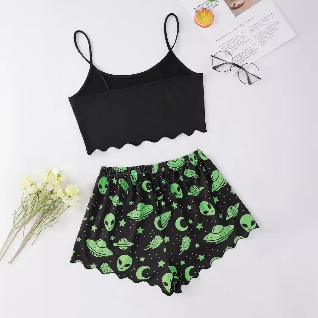 Sommer-Pyjamas für Damen, sexy Alien-Druck, Schlinge, Nachtwäsche, V-Ausschnitt, Pyjama, Homewear, ärmellos, niedliches Top und Shorts-Sets