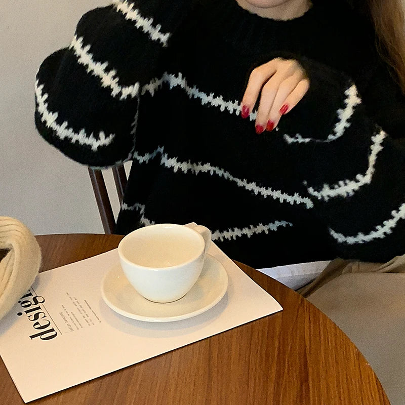 Herbst Winter Gestreiften Pullover Pullover Frauen Gestrickte Shirts Lange Hülse Lose Mock Neck Outwear Casual Pullover Tops Strickwaren