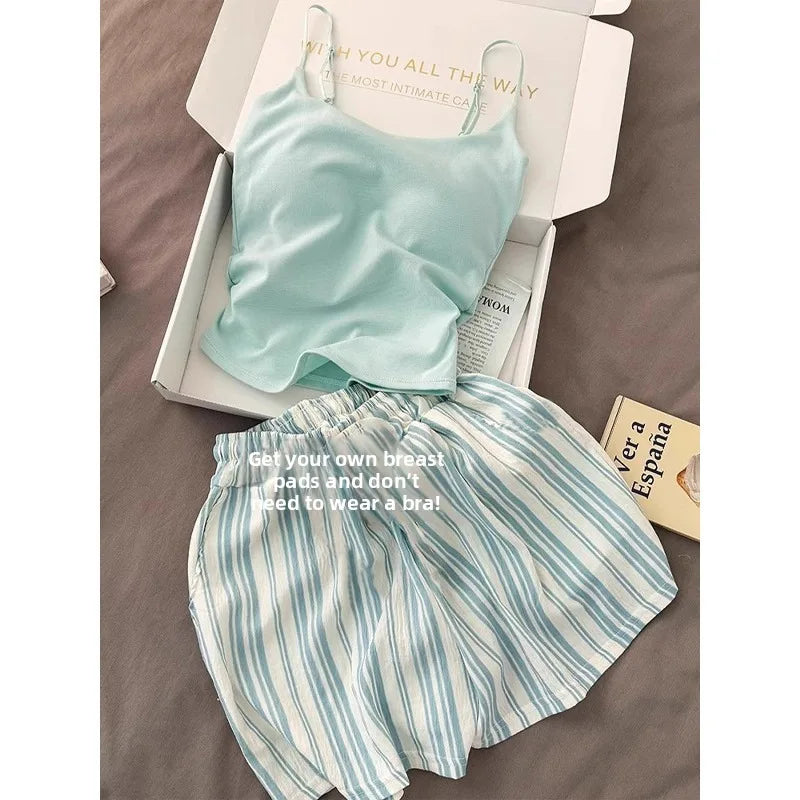 Einfarbiger Pyjama mit Brustpolstern, gestreifte Shorts für Damen, Sommer, dünne Leibchen-Shorts, Loungewear, großer Pyjama, zweiteiliges Set