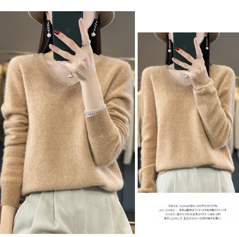 2024 100% Merino Reine Wolle V-ausschnitt Herbst Und Winter Pullover Pullover Neue Kaschmir Pullover frauen Beiläufige Gestrickte Top DMR201