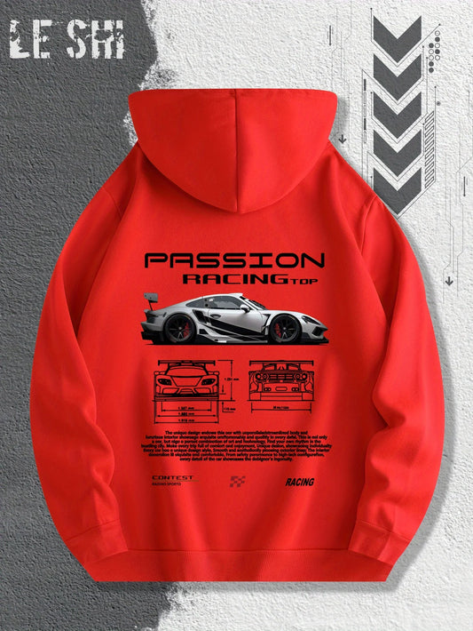 2025 Men's Autumn and Winter Car Print Hooded and Fleece Versatile Sporty Casual Loose Street Style Autumn and Winter Pullover.