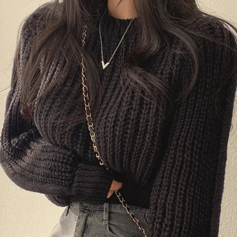 Lose Vintage Harajuku Laterne Langarm Frauen Pullover Koreanische Herbst Winter Strickwaren Weiche Warme Tops Chic Solide Femme Pullover