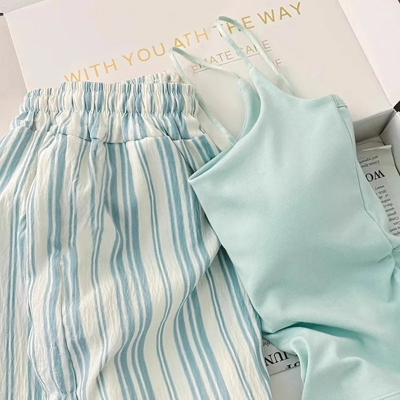 Einfarbiger Pyjama mit Brustpolstern, gestreifte Shorts für Damen, Sommer, dünne Leibchen-Shorts, Loungewear, großer Pyjama, zweiteiliges Set