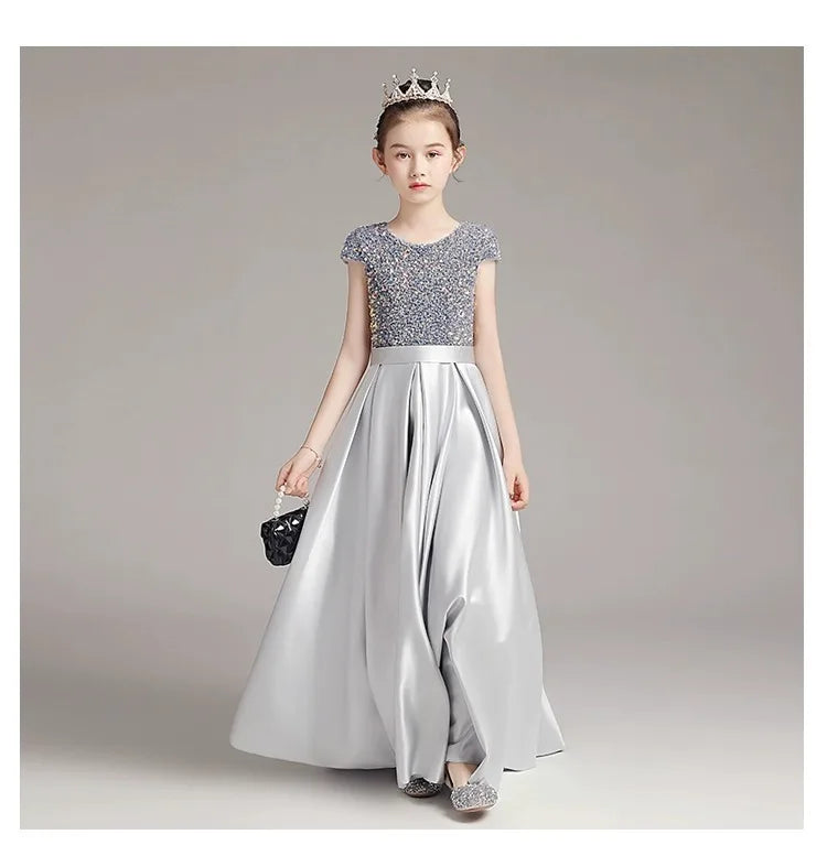 Mädchen-Klavierkleid, graues Pailletten-langes Performance-Kleid, Prinzessinnenkleid, Kinder-Host-Show-Performance-Kleid, Sommer