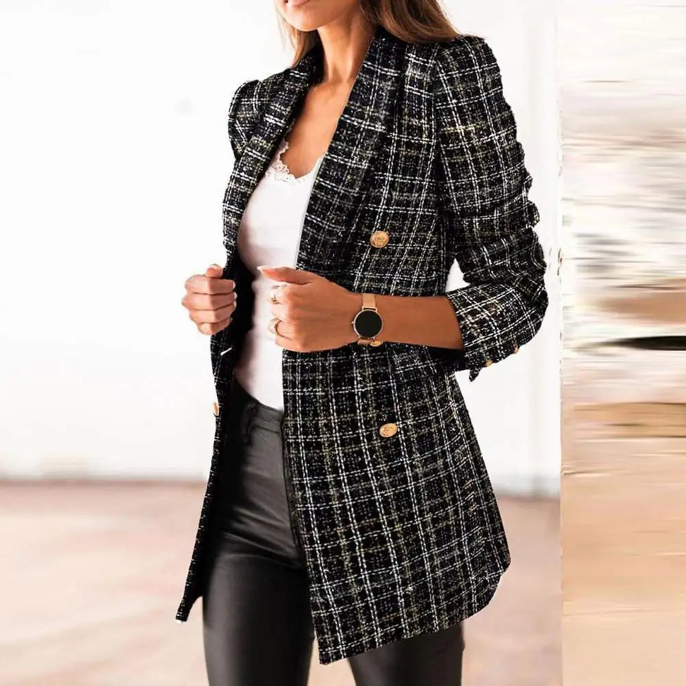 Frauen Herbst Blazer Revers Strickjacke Lange Ärmeln Doppel-breasted Slim Fit Warm Lässige Dick Plaid Print Lady Mantel für arbeit Jacke