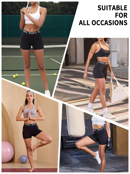 Super Soft Letter Waist Biker Shorts For Women No See Through Workout Running Yoga Athletic Push Up Gym Fitness Shorts.