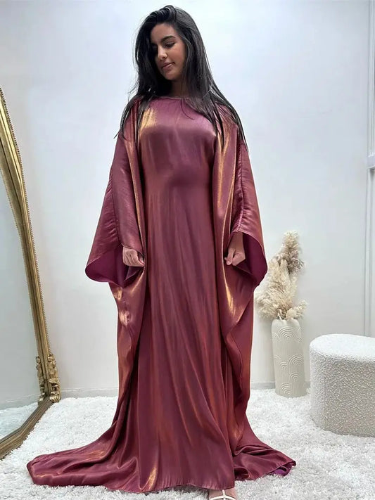 Ramadan Summer Batwing Sleeve Satin Butterfly Abaya Islam Muslim Maxi Dress Kebaya Women Kaftan Robe Musulmane Femme Vestidos.