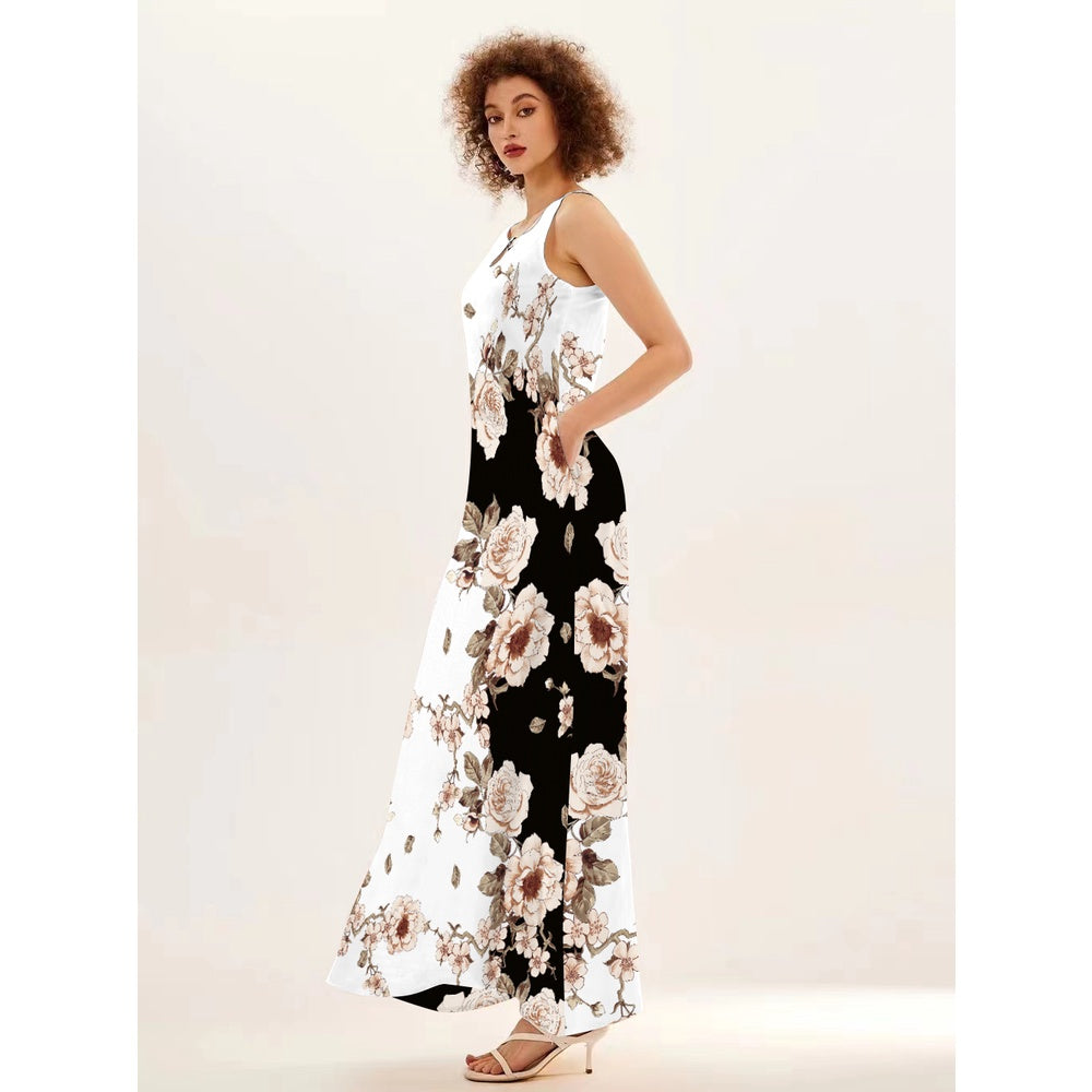 Blumendruck Neues lässiges ärmelloses langes Kleid Damen V-Ausschnitt bedrucktes Kleid Swing Bohemian Retro Kleider