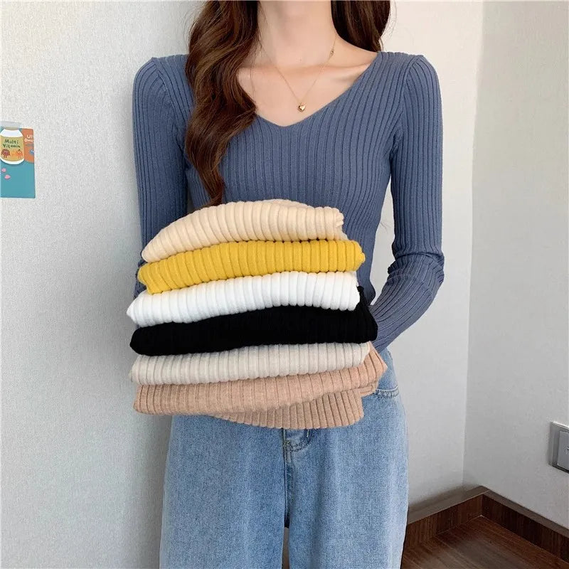 2025 einfarbig Schlank Pullover Koreanische Herbst Winter V-ausschnitt Pullover Mode Lässig Langarm Gestrickte Pullover Frauen Kleidung