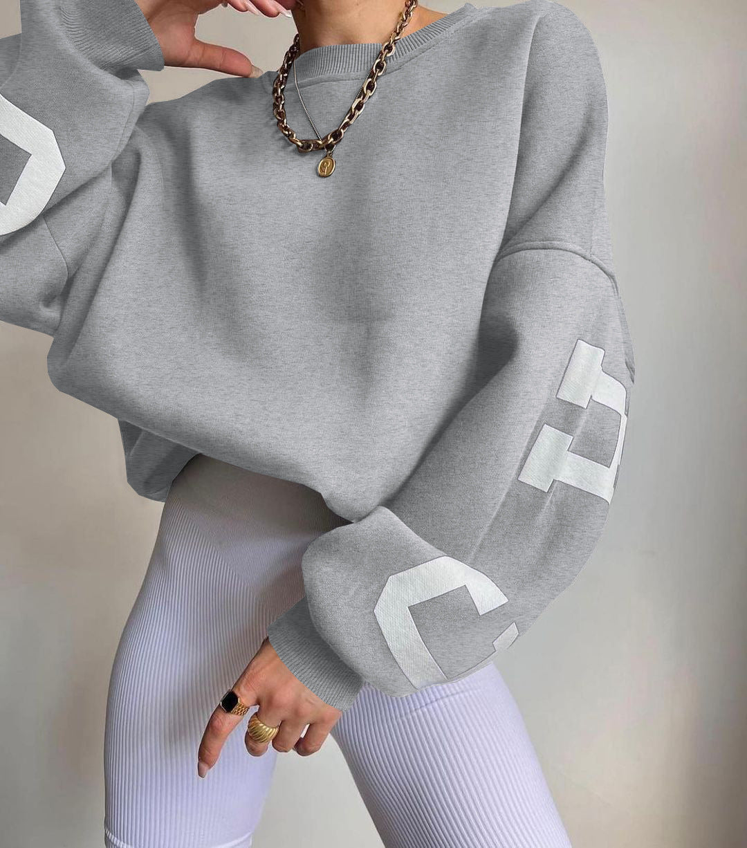 Combhasaki Damen Y2K Grunge Lose Pullover Sweatshirts Brief Drucken Lässige Verdickte Langarm Tops Herbst Hoodie Streetwear