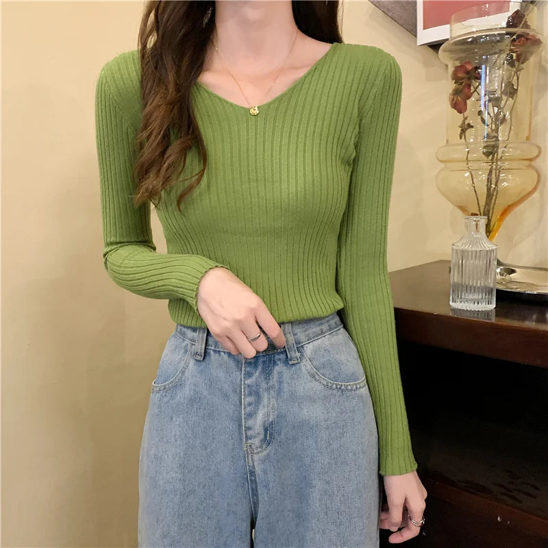 2025 einfarbig Schlank Pullover Koreanische Herbst Winter V-ausschnitt Pullover Mode Lässig Langarm Gestrickte Pullover Frauen Kleidung