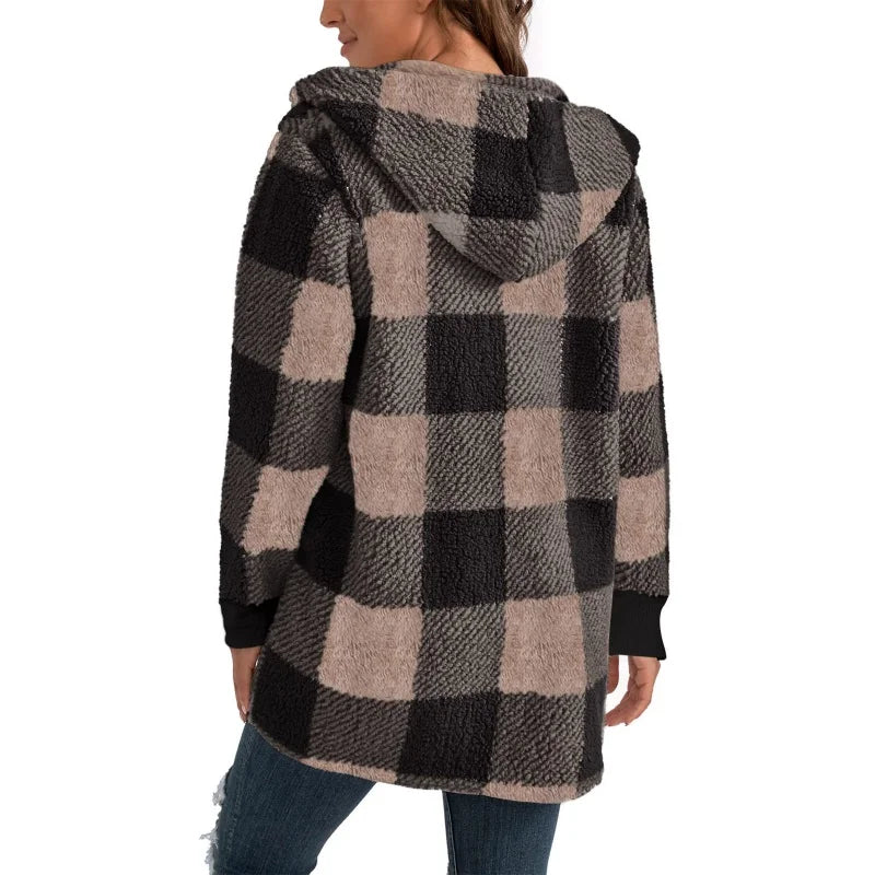 Frauen Herbst Winter Doppel Fleece Plaid Strickjacke Weiche Lose Lange Hülse Plüsch Warme Mit Kapuze Jacke Weibliche Patchwork Oberbekleidung Mantel