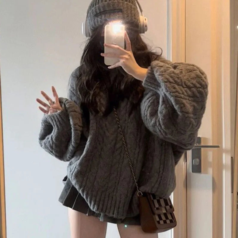 Herbst Winter Frauen Pullover Harajuku Übergroßen Gestrickte Pullover Koreanische Langarm V-ausschnitt Strickwaren Preppy Solide Lose Jumper