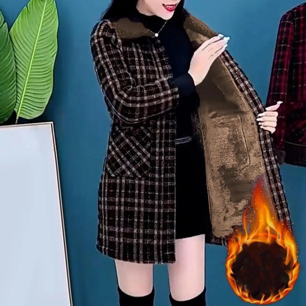 Frauen Plaid Mantel Karierten Winter Mutter Jacke Taschen drehen-unten Kragen einreiher Mid Länge Mantel Mid-aged frauen Mantel
