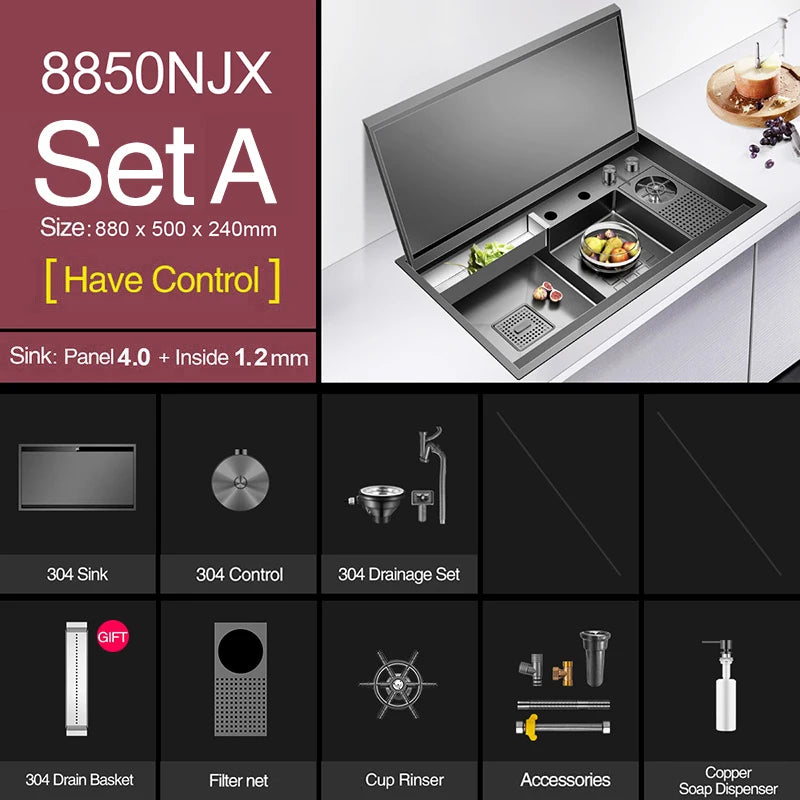 ASRAS Nanometer Black Flip Cover Hidden kitchen Sink 304 Stainless Steel 4mm Thickness Handmade Stepped Sinks Cup Rinser Sinks