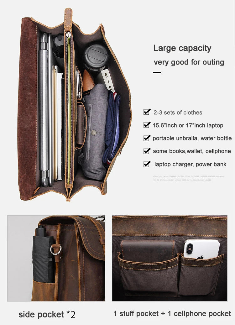 Vintage verrückte Pferd Echt leder Männer Aktentasche große Business-Tasche Einkaufstasche 15.6 "Laptop-Tasche Attache männliche Umhängetasche