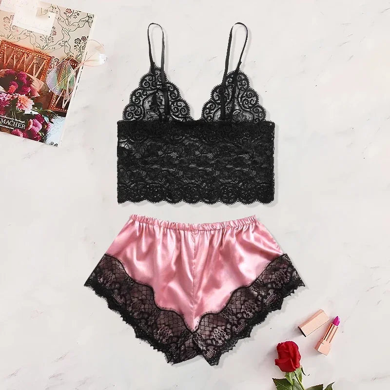 Sommer 2Pcs frauen Neue Sexy Spitze Sehen-Durch Pyjamas Schwarz Rosa Nette Kleidung Atmungsaktivem Hosenträger Shorts set