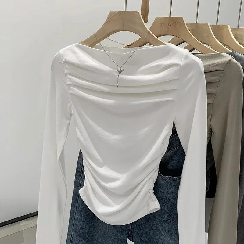 Spicy Girl Style One-Collar Ruffles Cropped Long Sleeve T-Shirt Women's Autumn/Winter New Arrival Base Layer Sweatshirt