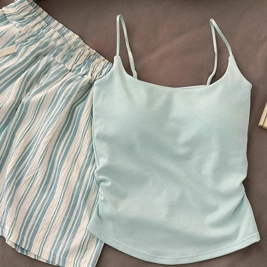 Einfarbiger Pyjama mit Brustpolstern, gestreifte Shorts für Damen, Sommer, dünne Leibchen-Shorts, Loungewear, großer Pyjama, zweiteiliges Set.